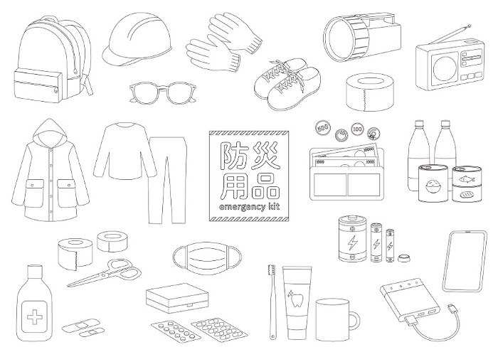 Set of illustrations of disaster prevention supplies_3_line drawing