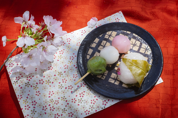 Hanami dumplings, Japanese paper, and cherry blossoms