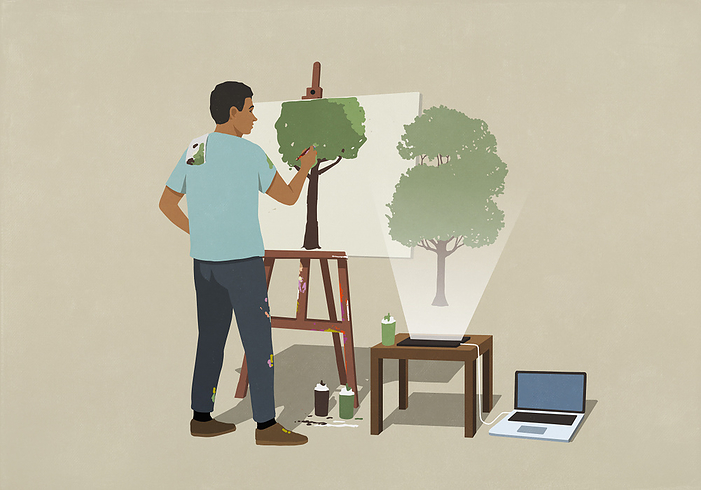 Man painting tree at easel from virtual reality projection