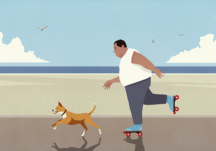 Overweight man roller skating with dog on beach boardwalk