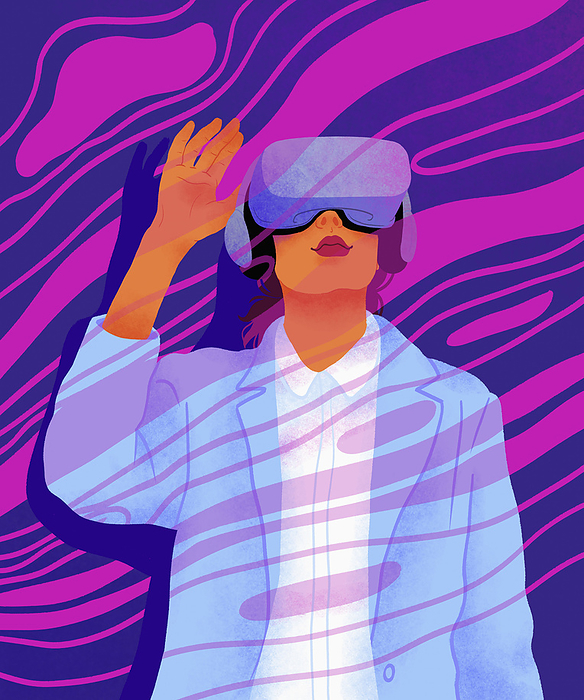 Curious businesswoman using VR headset