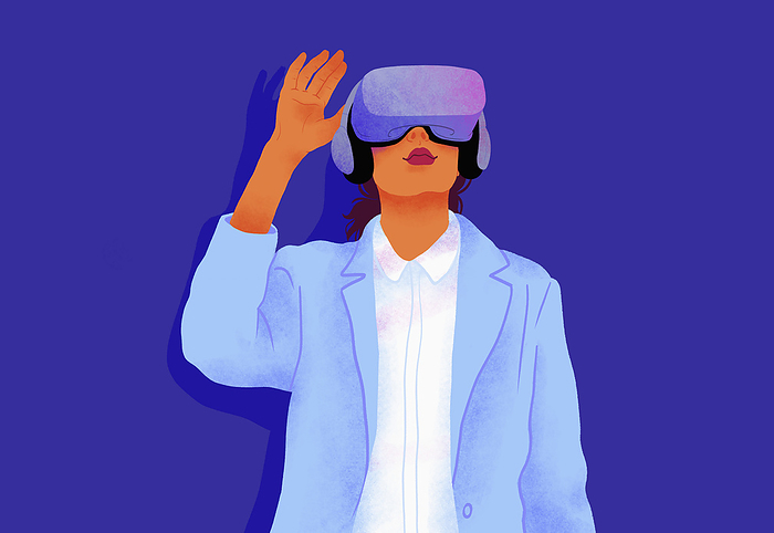 Curious woman using VR glasses on blue background