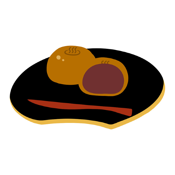 Hand-drawn color illustration of a brownish-brown onsen manju (sweet bean paste) on a plate