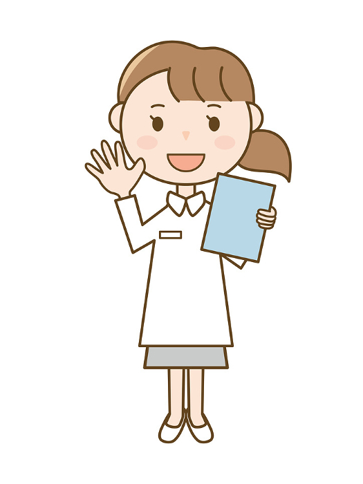 Full body illustration of a nurse greeting someone with a medical record_Woman in white coat