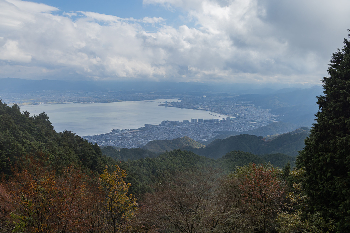 Cityscape of Otsu and Lake Biwa from the Garden Museum Hiei parking lot on Mt. Hiei, Kyoto, Japan