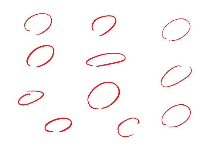 Material set of circles hand-drawn with red pen