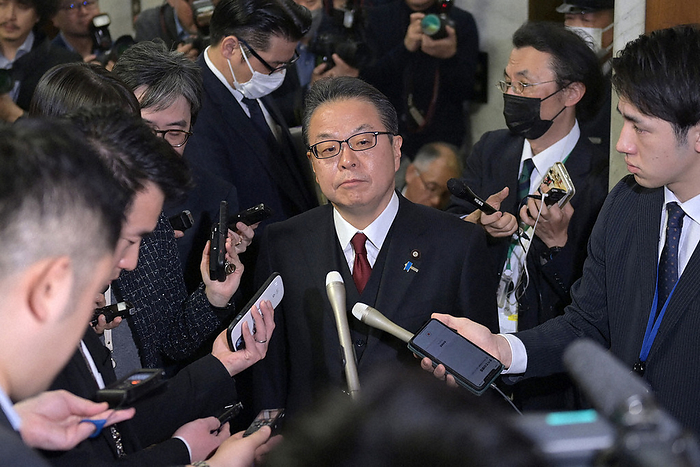 Political Fund Issues: Political Ethics Examination Committee in the House of Councillors Former LDP Secretary General Hiroshige Seko  center , former LDP Secretary General of the House of Councillors, speaks to reporters after the Upper House Political Ethics Review Committee meeting at 11:54 a.m. on March 14, 2024 in the Diet.