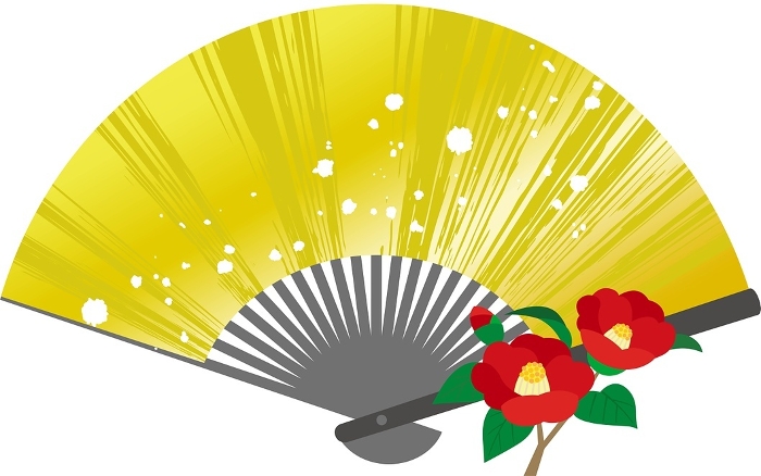 Japanese Illustration: Gold fan and camellia flower