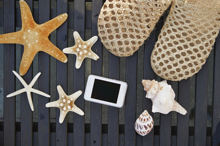 Digital camera, starfish and sandals Summer image