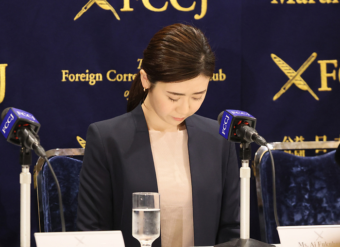 Ai Fukuhara announces out of court settlement of custody of her son March 15, 2024, Tokyo, Japan   Japan s Olympic table tennis medalist Ai Fukuhara speaks at the Foreign Correspondents  Club of Japan in Tokyo as she and former husband Chiang hung Chie of Taiwan agreed an out of court settlement for the custody of their son on Friday, March 15, 2024. Fukuhara took her son from Taiwan and Chiang was seeking the return of the boy.     photo by Yoshio Tsunoda AFLO 