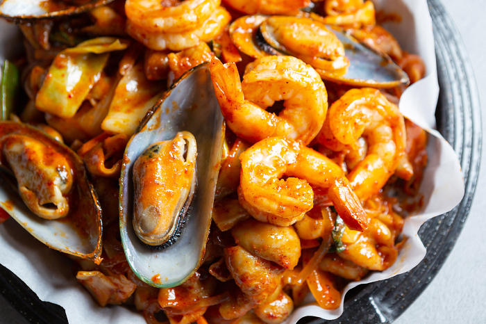 Spicy seafood stew, prawns, mussels