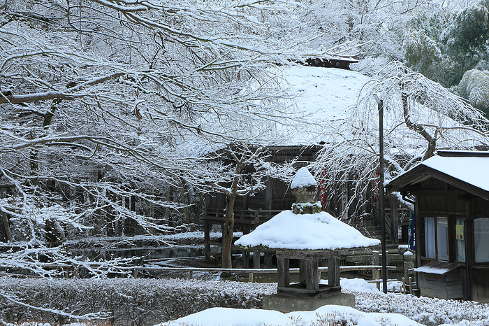 Snowy view of Chuson-ji Benzaiten Hall Hiraizumi Town, Iwate Prefecture