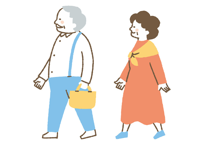 Grandfather and grandmother with handbags_Color