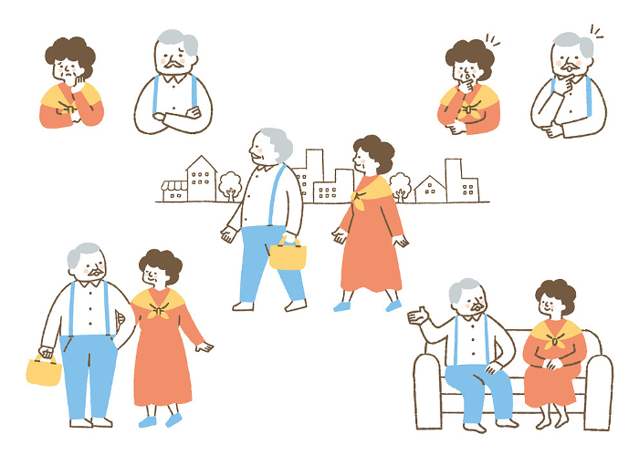 Set of daily life of a grandfather and an old lady_color