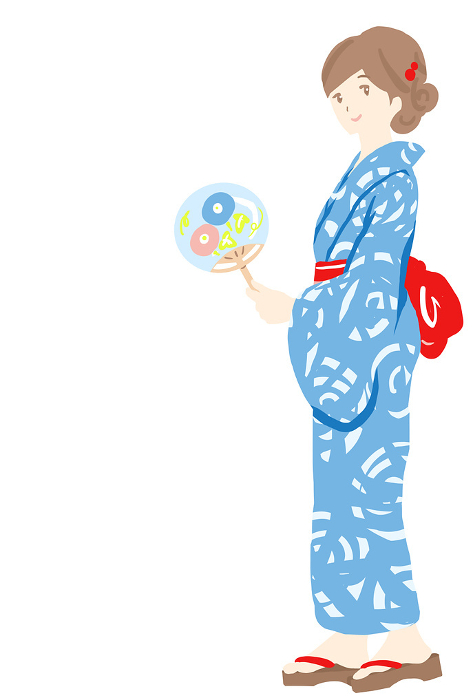 Clip art of woman in yukata holding a fan in her hand
