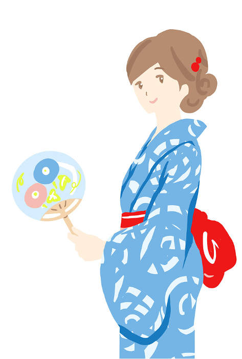 Clip art of woman in yukata holding a fan in her hand