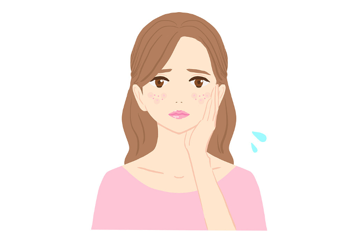Clip art of a young woman suffering from skin problems