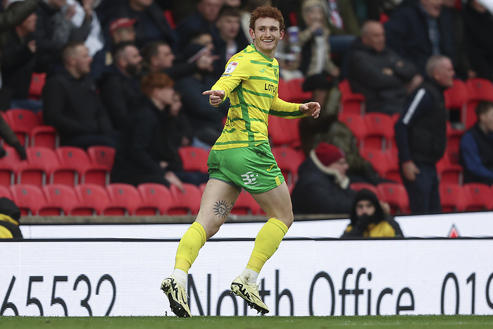 Stoke City v Norwich City   Sky Bet Championship  Josh Sargent of Norwich City celebrates 1st goal during the Sky Bet Championship match between Stoke City and Norwich City at Bet365 Stadium on March 16, 2024 in Stoke on Trent, United Kingdom.   WARNING  This Photograph May Only Be Used For Newspaper And Or Magazine Editorial Purposes. May Not Be Used For Publications Involving 1 player, 1 Club Or 1 Competition Without Written Authorisation From Football DataCo Ltd. For Any Queries, Please Contact Football DataCo Ltd on  44  0  207 864 9121