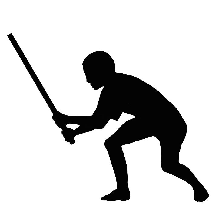 Clip art of a man holding a stick and striking something.