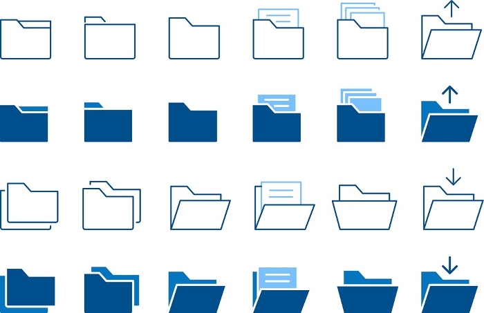 Folder icon set of two blue line drawings