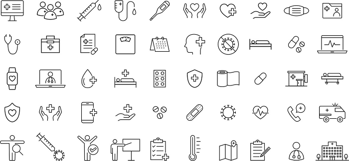 Monochrome line drawing icon set on medical care