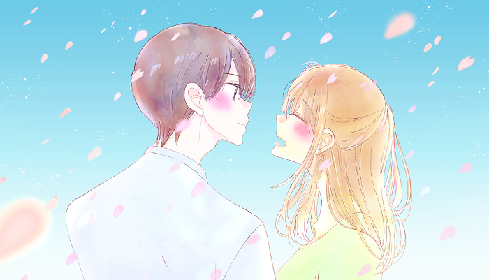 Man and woman smiling across from each other, cherry blossom snowstorm, bust