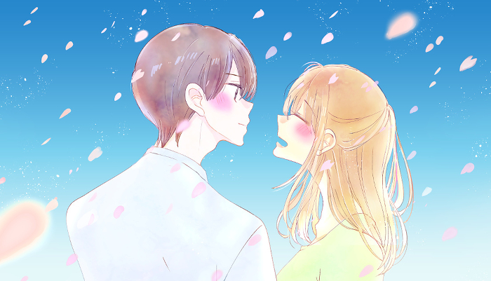 Man and woman smiling across from each other, cherry blossom snowstorm, bust