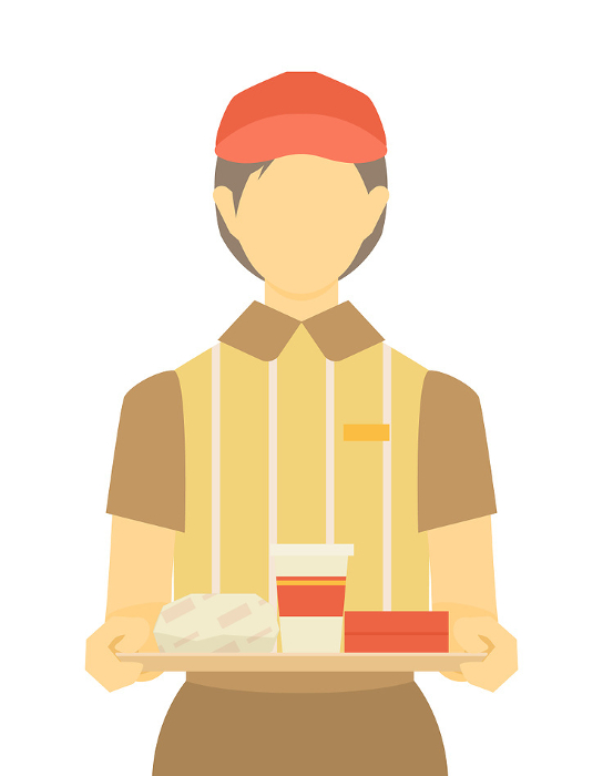 Clip art of a waiter holding a tray in a fast-food restaurant