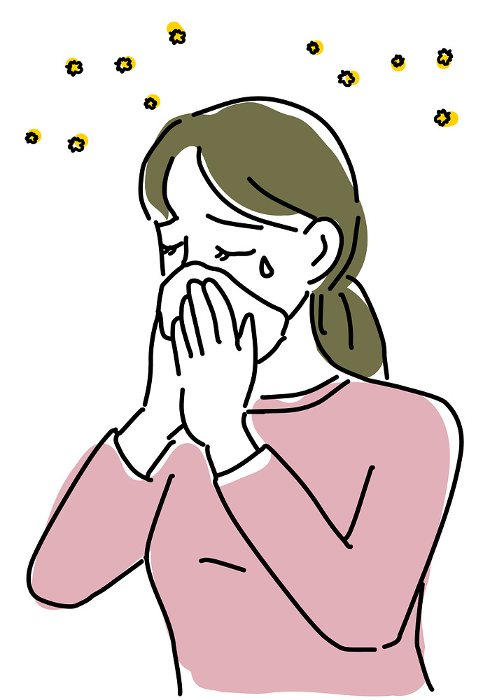 Simple line drawing of a woman blowing her nose due to hay fever
