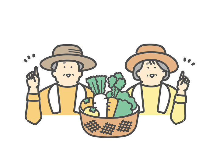 Elderly couple working on a farm, smiling and pointing, harvesting vegetables
