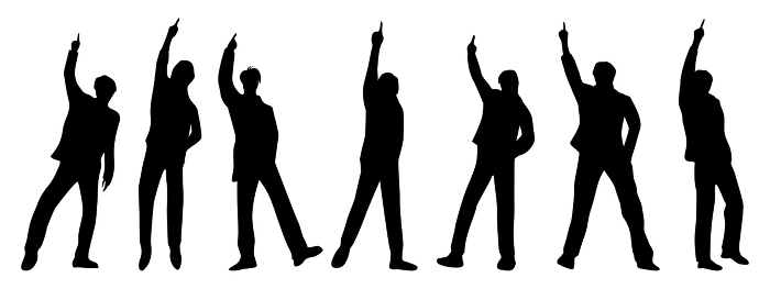 Seven male silhouettes dancing with index fingers raised