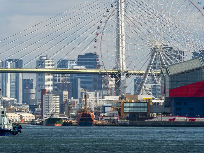 Scenery of Tempozan and rows of buildings at the Port of Osaka