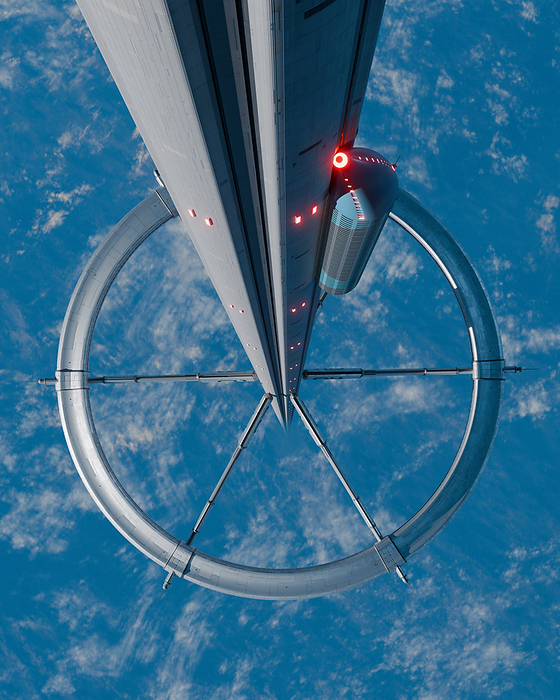 Artwork of a Space Elevator Artwork of a space elevator stopping at a high elevation platform. A space elevator is a conceptual method of getting people and payloads into orbit without the usual means of rocket fuel. Instead, a cable or column connects the ground to an orbital ring or a counterweight at geostationary orbit, which keeps the cable taut. Vehicles can then climb this cable with relative ease, reaching an altitude of, say, 50 km in less than an hour. Here, some kind of structure is tethered to the cable   it could be a hotel, a mall, or simply a viewing platform for recreation., by MARK GARLICK SCIENCE PHOTO LIBRARY