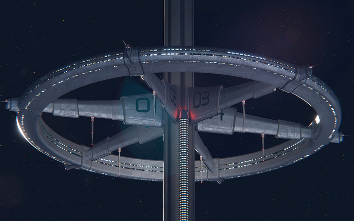 Artwork of a Space Elevator Artwork of a space elevator stopping at a high elevation platform. A space elevator is a conceptual method of getting people and payloads into orbit without the usual means of rocket fuel. Instead, a cable or column connects the ground to an orbital ring or a counterweight at geostationary orbit, which keeps the cable taut. Vehicles can then climb this cable with relative ease, reaching an altitude of, say, 50 km in less than an hour. Here, some kind of structure is tethered to the cable   it could be a hotel, a mall, or simply a viewing platform for recreation., by MARK GARLICK SCIENCE PHOTO LIBRARY