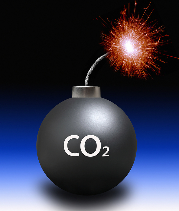 Carbon dioxide bomb, conceptual illustration Carbon dioxide bomb, conceptual illustration. Carbon dioxide  CO2  is a greenhouse gas that contributes to global warming. It is produced naturally by plants and animals during respiration, but is also produced by combustion and the burning of fossil fuels., by VICTOR de SCHWANBERG SCIENCE PHOTO LIBRARY