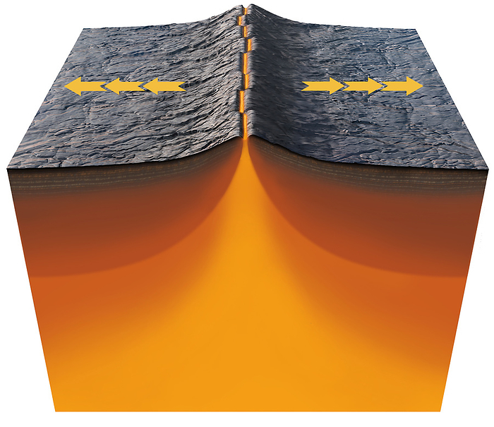 Tectonics   Divergent Boundaries Illustration of a divergent tectonic plate boundary, such as a rift valley, where the plates move apart and molten rock rises to form new land., by MARK GARLICK SCIENCE PHOTO LIBRARY