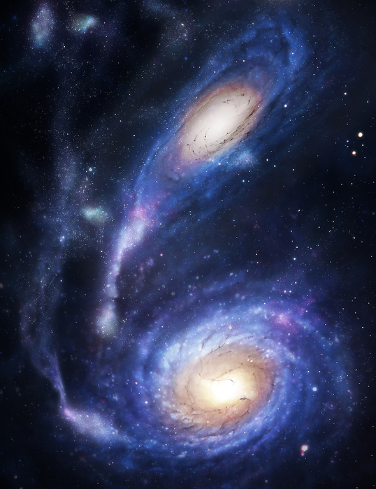 Andromeda Collision   V2 An artist s impression of the Milky Way galaxy colliding with Andromeda. Our galaxy, the Milky Way, is moving towards the Andromeda galaxy. Astronomers predict that in about 4 billion years, the two galaxies will collide and begin to merge. The Solar System s fate is uncertain. It might end up in the final, larger galaxy, orbiting further from the core than it does now, or it might be ejected into space altogether., by MARK GARLICK SCIENCE PHOTO LIBRARY