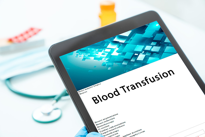 Blood transfusion Blood transfusion. This is a procedure that involves transferring blood or blood products from one person to another to replace blood loss or treat certain medical conditions., by WLADIMIR BULGAR SCIENCE PHOTO LIBRARY