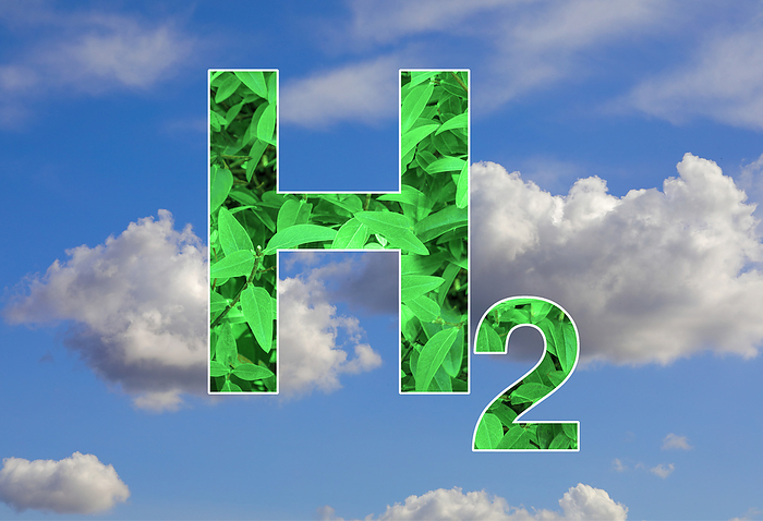 Clean energy, conceptual illustration Conceptual illustration depicting clean energy. The image shows the chemical symbol for hydrogen  H2  in the clouds. When hydrogen is used as a fuel, whether in fuel cells or combustion engines, it primarily emits water vapour. This makes it a much cleaner fuel option when compared to fossil fuels such as coal, oil, and natural gas. These fuels emit carbon dioxide and other pollutants when burned., by VICTOR de SCHWANBERG SCIENCE PHOTO LIBRARY