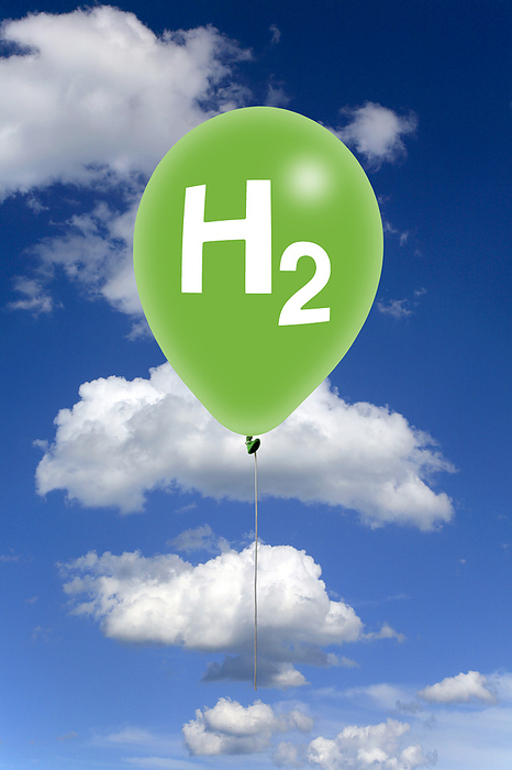 Clean energy, conceptual illustration Conceptual illustration depicting clean energy. The image shows the chemical symbol for hydrogen  H2  on a balloon in the clouds. When hydrogen is used as a fuel, whether in fuel cells or combustion engines, it primarily emits water vapour. This makes it a much cleaner fuel option when compared to fossil fuels such as coal, oil, and natural gas. These fuels emit carbon dioxide and other pollutants when burned., by VICTOR de SCHWANBERG SCIENCE PHOTO LIBRARY
