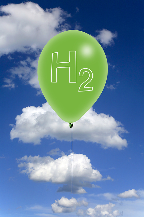 Clean energy, conceptual illustration Conceptual illustration depicting clean energy. The image shows the chemical symbol for hydrogen  H2  on a balloon in the clouds. When hydrogen is used as a fuel, whether in fuel cells or combustion engines, it primarily emits water vapour. This makes it a much cleaner fuel option when compared to fossil fuels such as coal, oil, and natural gas. These fuels emit carbon dioxide and other pollutants when burned., by VICTOR de SCHWANBERG SCIENCE PHOTO LIBRARY
