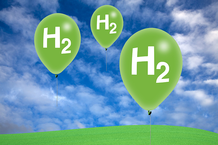 Clean energy, conceptual illustration Conceptual illustration depicting clean energy. The image shows the chemical symbol for hydrogen  H2  on balloons in the clouds. When hydrogen is used as a fuel, whether in fuel cells or combustion engines, it primarily emits water vapour. This makes it a much cleaner fuel option when compared to fossil fuels such as coal, oil, and natural gas. These fuels emit carbon dioxide and other pollutants when burned., by VICTOR de SCHWANBERG SCIENCE PHOTO LIBRARY