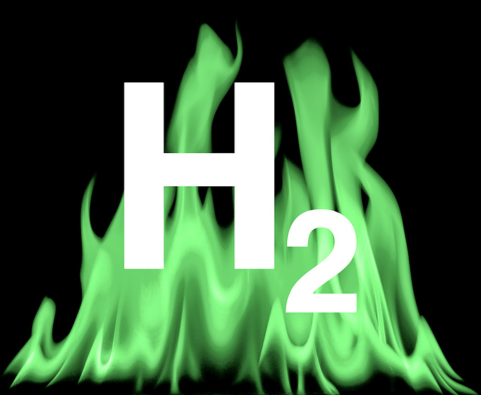 Hydrogen fuel, conceptual illustration Hydrogen fuel, conceptual illustration. The image shows the chemical symbol for hydrogen  H2  within flames. When hydrogen is used as a fuel, whether in fuel cells or combustion engines, it primarily emits water vapour. This makes it a much cleaner fuel option when compared to fossil fuels such as coal, oil, and natural gas. These fuels emit carbon dioxide and other pollutants when burned., by VICTOR de SCHWANBERG SCIENCE PHOTO LIBRARY