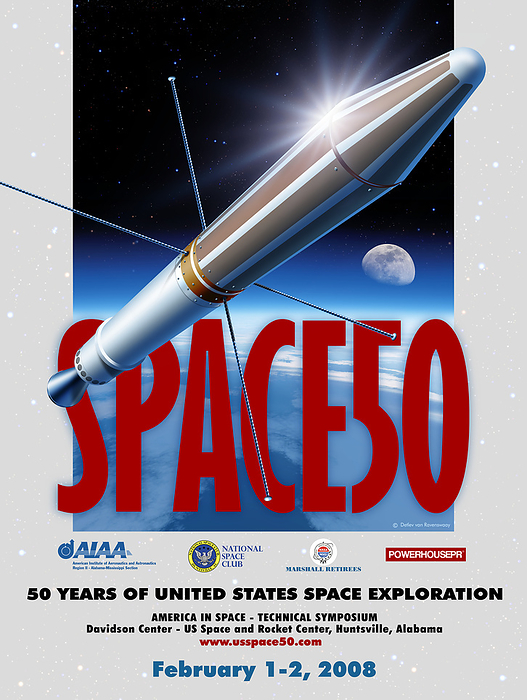 Fifty years of space exploration, illustration Poster commemorating 50 years of American space exploration. It shows America s first successful artificial satellite, Explorer 1 in Earth orbit. Explorer 1 was launched on 31st January 1958, after the USSR took the USA by surprise by launching the world s first artificial satellite, Sputnik 1, on 4th October 1957. It orbited Earth at heights of between 360 and 2520 kilometres until 31st March 1970., by DETLEV VAN RAVENSWAAY SCIENCE PHOTO LIBRARY
