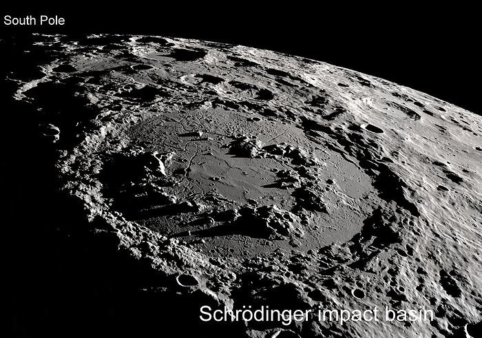 Lunar South Pole and Schrodinger Basin, satellite image Satellite image of the Lunar South Pole and Schrodinger Basin. The Lunar South Pole region has a heavily cratered terrain with dramatic topography. The Schrodinger Basin is a huge impact crater, around 300 kilometres in diameter, located near the south lunar pole on the far side of the Moon. It was formed around four billion years ago when an object hit the Moon. Studies have shown that Schrodinger Basin is a science rich landing site for both robotic and human missions. It is expected to contain water from volcanic processes, and geological samples collected from inside the crater can provide a snapshot of the Moon s history at the time they were formed. Image obtained by Lunar Reconnaissance Orbiter  LRO  satellite., by NASA SCIENCE PHOTO LIBRARY