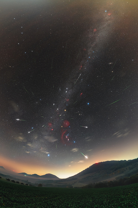 Orionids meteor shower, composite image Composite image of the Orionids meteor shower taken over 2015 2022. This meteor shower is visible every year for around one week in October from all over the world. The meteors are part of Halley s comet, which is visible every 75 76 years. As the comet orbits the Sun, it leaves a trail of dust. Every year Earth passes through this trail, causing the debris to collide with our atmosphere and disintegrate, creating fiery and colorful streaks in the sky. Photographed near Presov, Slovakia., by PETR HORALEK SCIENCE PHOTO LIBRARY