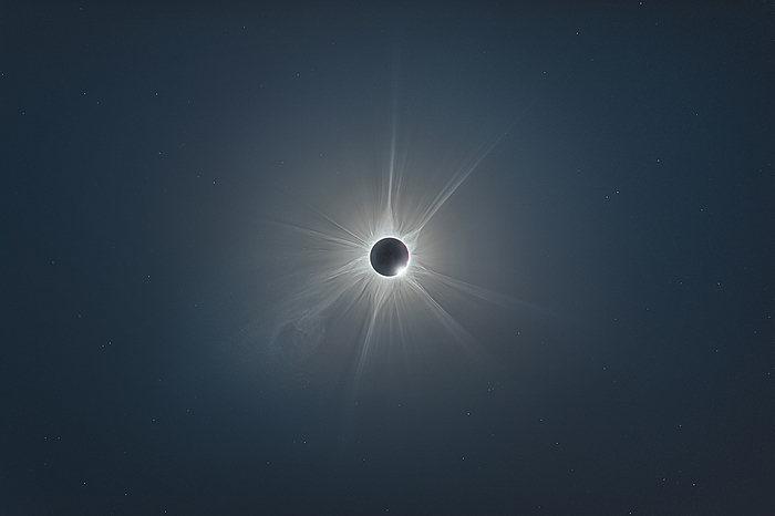 Solar eclipse, April 2023 Solar eclipse over Australia, 20th of April 2023. This was a hybrid solar eclipse, meaning at different moments the Moon appeared smaller and larger than the Sun., by PETR HORALEK SCIENCE PHOTO LIBRARY