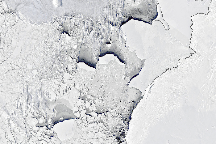 Drift of Antarctic icebergs, satellite image Satellite image showing the drift of large Antarctic icebergs to the Brunt Ice Shelf on 19 March 2022. Throughout the austral summer of 2021 22, icebergs in the eastern Weddell Sea drifted south with the Antarctic Coastal Current. This medley of large icebergs includes A 23A  lower left , which is currently the world s largest iceberg, D 28  upper centre , D 30A  upper centre left , A 77  upper centre right  and B 39  centre right , which ultimately converged near the Brunt Ice Shelf. As the austral winter arrives, these icebergs will eventually become fully encased in seasonal sea ice. However, at this stage their enormous size makes them effective bulldozers that can plough through sea ice, leaving paths of open water behind them. Image acquired by the MODIS  Moderate Resolution Imaging Spectroradiometer  instrument on NASA s Aqua satellite., by NASA SCIENCE PHOTO LIBRARY