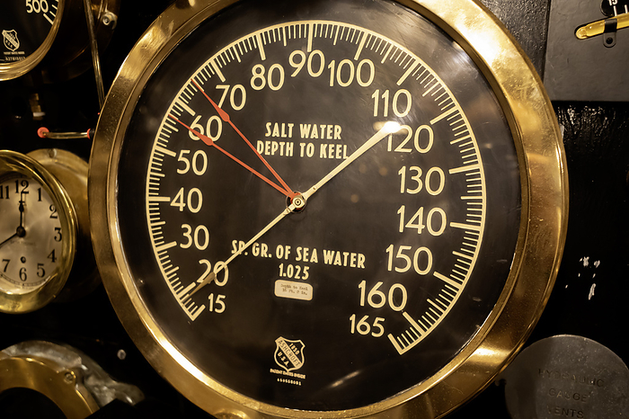 Depth gauge on submarine Depth gauge on the USS Silversides, a World War II Gato class submarine. Photographed at the USS Silversides Submarine Museum in Muskegon, Michigan, USA., by JIM WEST SCIENCE PHOTO LIBRARY