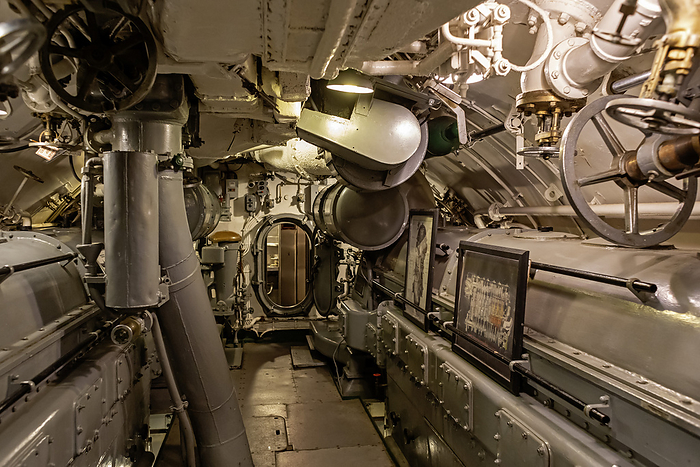 Engine room of submarine Engine room on the USS Silversides, a World War II Gato class submarine. Photographed at the USS Silversides Submarine Museum in Muskegon, Michigan, USA., by JIM WEST SCIENCE PHOTO LIBRARY